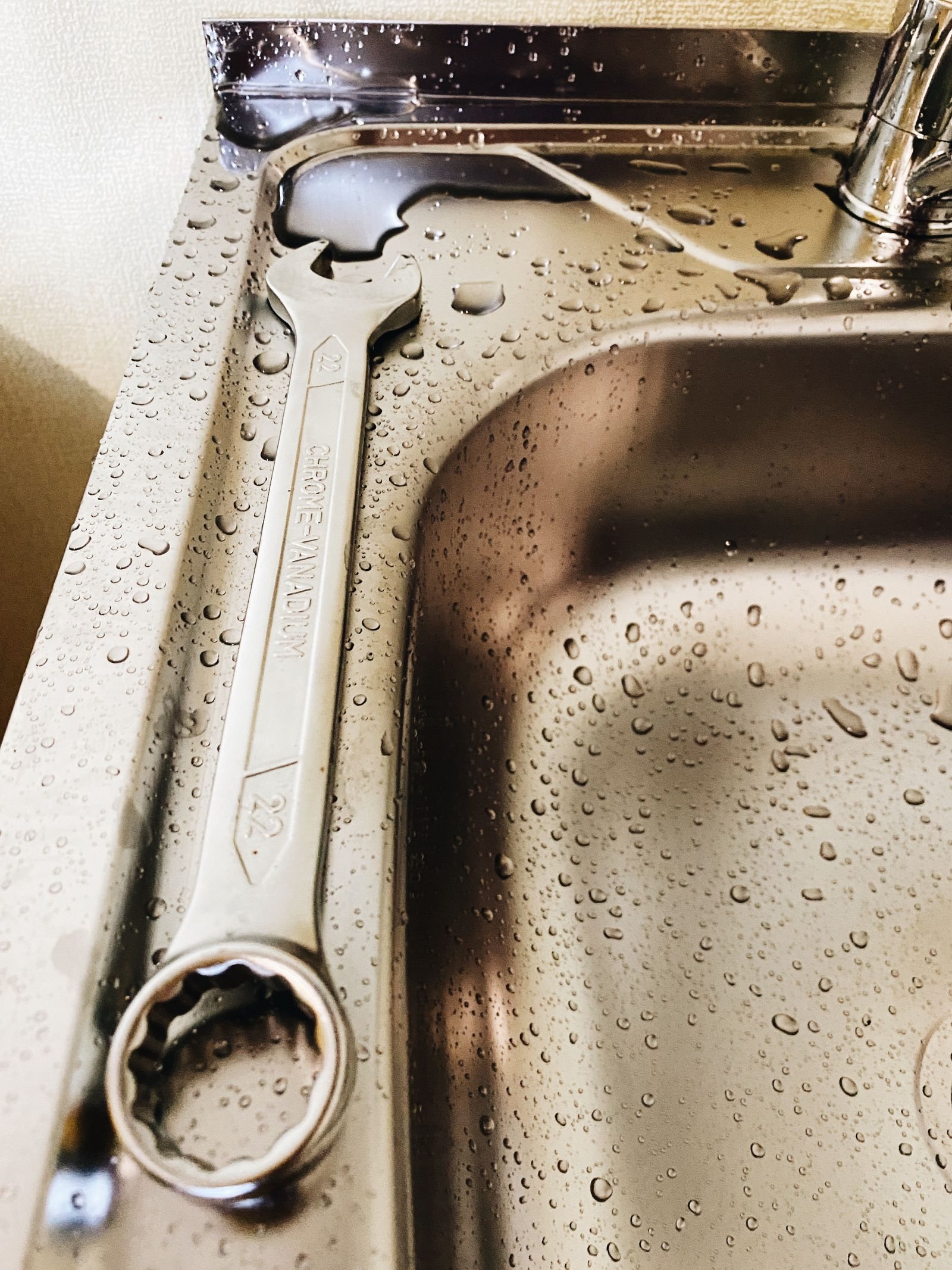 Wrench resting on a stainless steel sink during a service visit